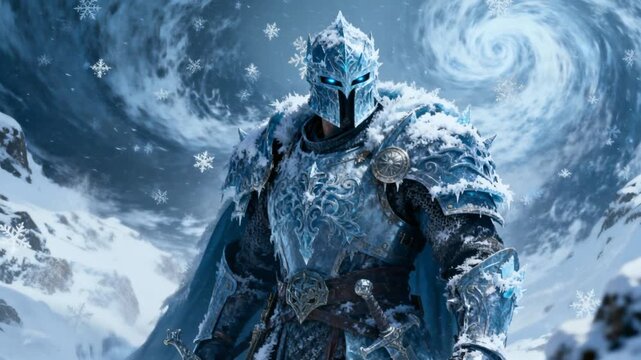 cinematic ice war general snowstorm dramatic frost armor patterns fantasy