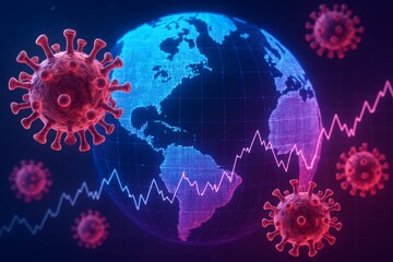 Coronavirus cells with global economic chart over digital Earth globe in futuristic style reflecting pandemic impact on world economy and health crisis. Ai generative