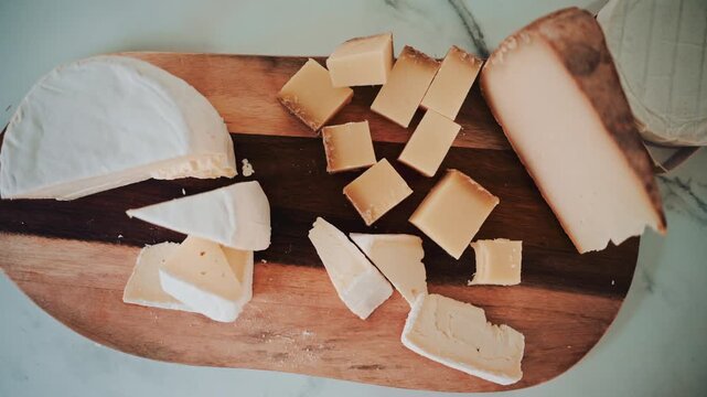 Selection of assorted cheeses arranged on a wooden board, captured in natural light