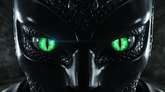 Intense close-up of a futuristic face with reptilian eyes glowing bright green against dark background