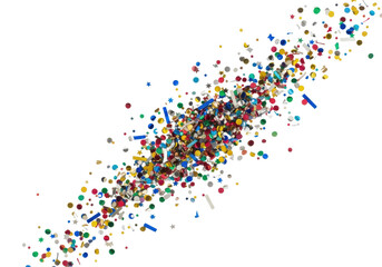 macro shot of thousands of vibrant metallic gold, silver, red, blue, green confetti (stars, circles, strips) frozen mid-air, scattering dynamically on a transparent copy space background. Pure