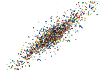 macro shot of thousands of vibrant metallic gold, silver, red, blue, green confetti (stars, circles, strips) frozen mid-air, scattering dynamically on a transparent copy space background. Pure