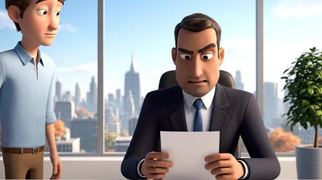 Animated employee handing his resignation letter to his boss in a modern office