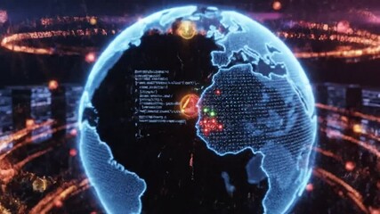 Global digital data transfer abstract technology animation concept with glowing earth and binary code - Powered by Adobe