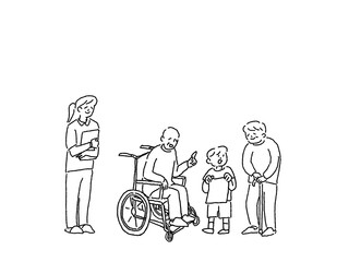 車椅子、杖をついた高齢者に絵を見せる子供、看護師、ヘルパーの女性、線画