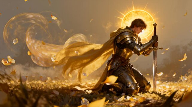 cinematic commander kneeling sword golden sun halo dramatic swirling petals fantasy