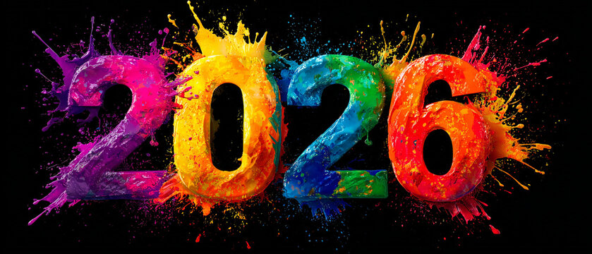 Dynamic 2026 text with vibrant paint splashes and explosions on black background