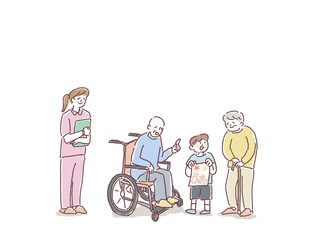 車椅子、杖をついた高齢者に絵を見せる子供、看護師、ヘルパーの女性