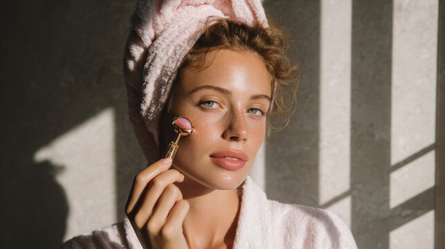 Woman enjoying self-care routine using facial roller
