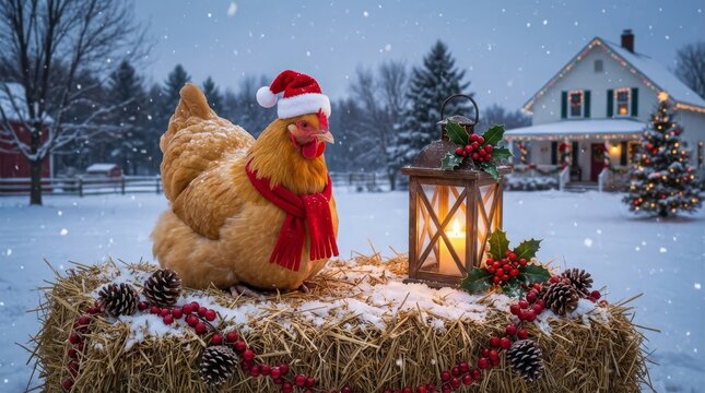 Christmas Chicken on Hay Bale - A festive chicken wearing a Santa hat and scarf sits on a snowy hay bale with a lantern in a winter scene