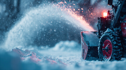Snow blower clearing snow, cold winter season work
