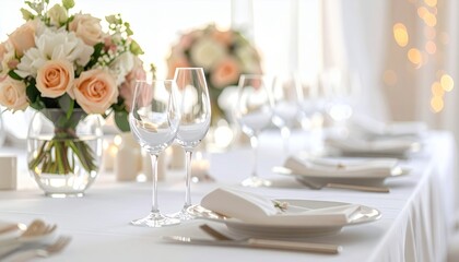 Fototapeta premium Elegant Wedding Reception Table Setting with Floral Centerpiece and Wine Glasses.