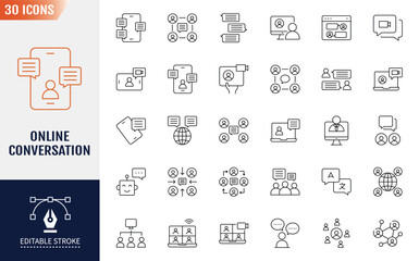 Online Conversation icon set. Containing Chatting, discussion, conversation, dialogue, forum, group, and more. Outline Icon Collection. Editable stroke. Vector illustration