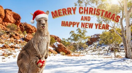 Christmas New Year Kangaroo and Sky - Christmas in Australia concept showing a kangaroo wearing a santa hat and holding a small gift in snowy outback setting.