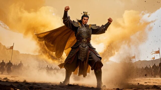 epic general performing war cry cape dust explosion cinematic action battlefield scene