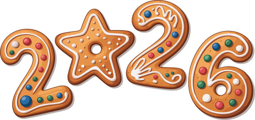 Festive 2026 New Year numbers made of gingerbread cookies with colorful sugar icing and candy decorations, sweet baked holiday treat vector
