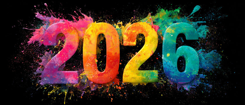 Explosion of vibrant colors forming the year 2026 on a black backdrop