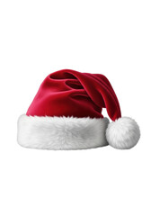 a hyper-realistic, luxurious classic santa claus hat made of rich crimson velvet and soft white faux fur, isolated on a seamless transparent background with copy space. concept of christmas luxury