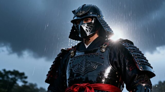 cinematic samurai leader standing in dramatic rain water droplets bouncing off armor