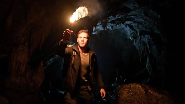Adventurous explorer holding flare illuminates dark cavern as he investigates cave system surroundings