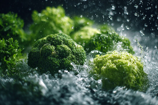 "Extreme Close-up of Fresh Broccoli and Greens Being Washed with Dynamic Water Splash on Dark Background - Powered by Adobe