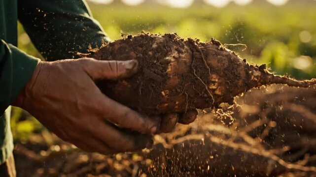 Close-up of farmer's hands gently holding a freshly harvested cassava root covered in soil, agriculture concept.