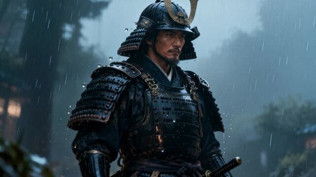 cinematic samurai leader standing in dramatic rain water droplets bouncing off armor