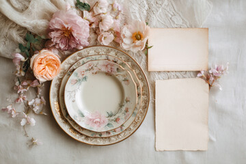 Vintage still life with antique plates and lilac flowers