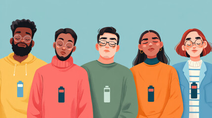 Diverse exhausted people with low battery icons closing eyes
