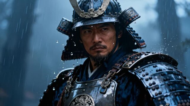 cinematic samurai leader standing in dramatic rain water droplets bouncing off armor