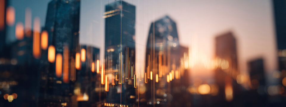 Golden data bars rising over futuristic city skyline, representing digital finance, growth, analytics, and innovation concept. banner - Powered by Adobe