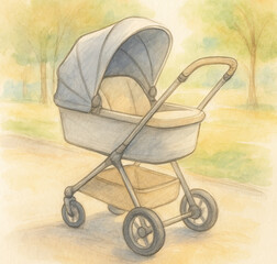 Watercolor Illustration of a Baby Stroller in a Park