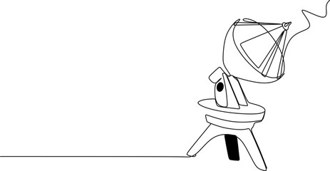 Continuous one-line drawing of a radio telescope or satellite dish set on a tripod.