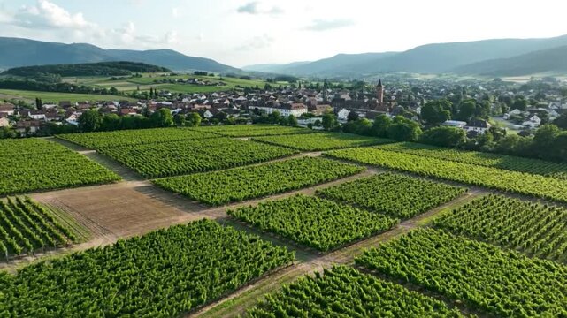 Aerial view of lush green vineyard fields with quaint village and rolling hills in background under sunny sky