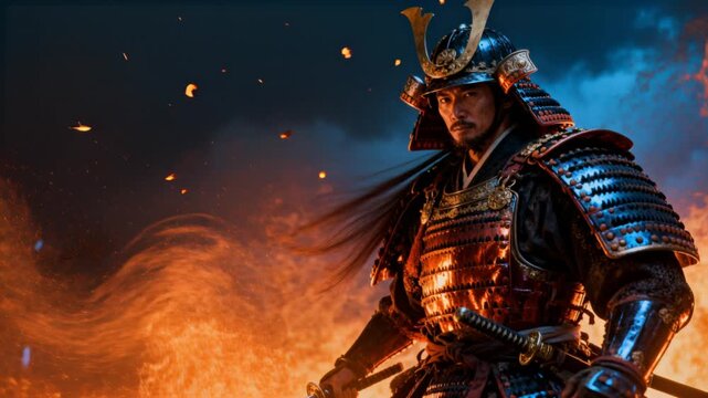 heroic samurai general cinematic action epic armor embers wind reflecting light