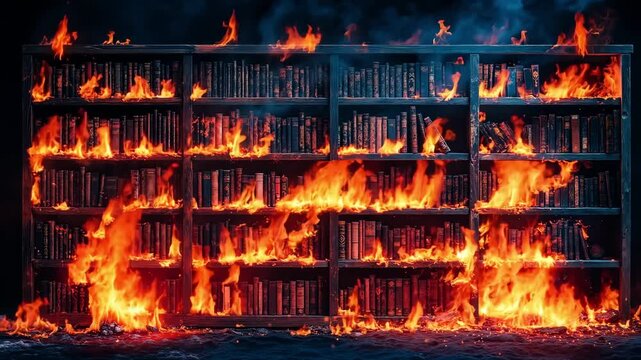 A bookcase is engulfed by flames in the dark