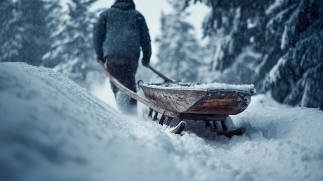 Man pulling wooden sled through heavy snow blizzard