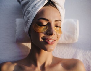 Relaxed White woman wearing gold hydrogel under-eye patches and a white towel wrap, smiling with eyes closed during a spa beauty treatment.