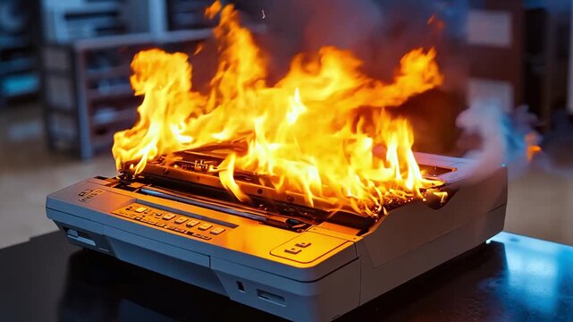 A printer on fire on a table in a room