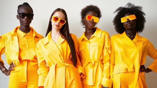 A group of four women in yellow outfits and sunglasses