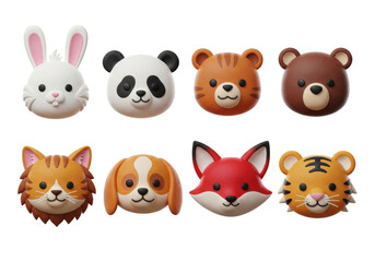 Eight joyful chibi animal heads (rabbit, panda, fox, tiger) 3d rendered in colorful modeling clay texture, soft studio lighting, isolated on a white background. Concept for children's design