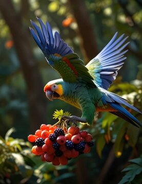 parrot wildlife with berry in the forest	