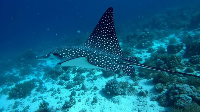 Spotted Eagle Ray Gliding Over Coral Reef in Clear Blue Ocean