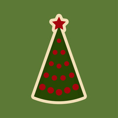 Christmas sticker. Vector illustration. Green tree with red balls and a white outline on a green background. New Year's stickers. Festive bright background. Sale banner.