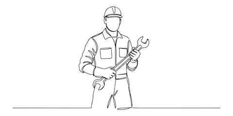 Continuous one line of a mechanic with wrench, representing repair, skill, and craft, hand drawn vector illustration.