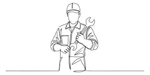 Continuous one line of a mechanic with wrench, representing repair, skill, and craft, hand drawn vector illustration.
