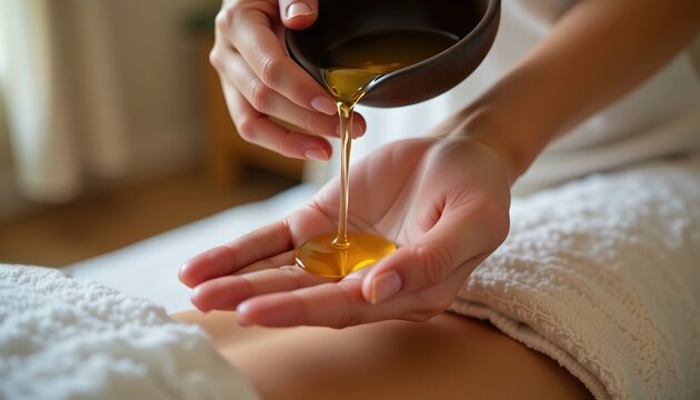 A close-up image of massage oil being poured from a small ceramic bowl onto the therapist's hands before being applied to the client's back creates a relaxing spa atmosphere.