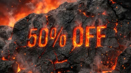 Fiery Fifty Percent Off Sale - A bold 50% off announcement with burning text on dark rock creates a sense of urgency. Perfect for advertising hot deals!