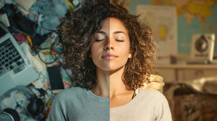 split-screen visual: left side shows phones, social media and the right side shows calm expression