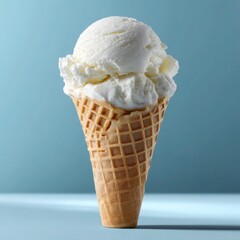 Single Vanilla Ice Cream Cone Standing Upright on Pastel Blue Background